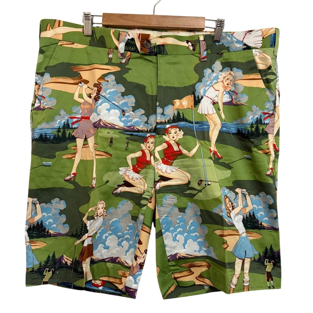 Loudmouth Men Golf Shorts 42 Green Pinup Girl Retro Kitsch Golfcore Novelty